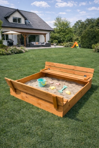 Verschließbarer Holzsandkasten mit Sitzbänken