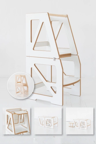 4in1 Lernturm STEP + Tisch- und Stuhlfunktion + optionales Fütterungsmodul – Weiß/Naturfarben – Montessori Kitchen Helper Kinderplattform