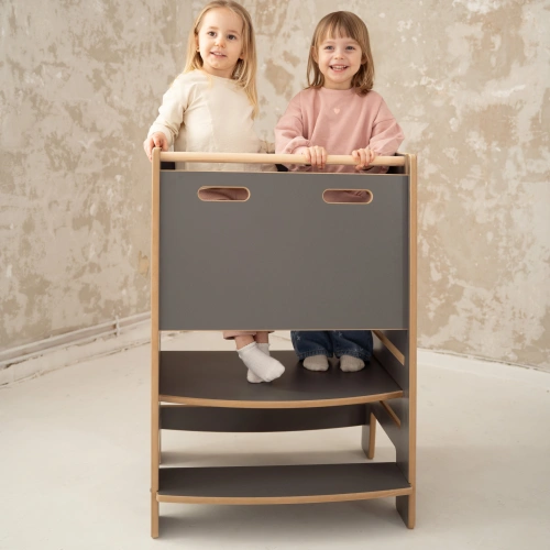 DOUBLE SAFE - Montessori Lernturm Kitchen Helper Kinderplattform  - grau | Lernturm für Geschwister | Lernturm für zwei Kinder